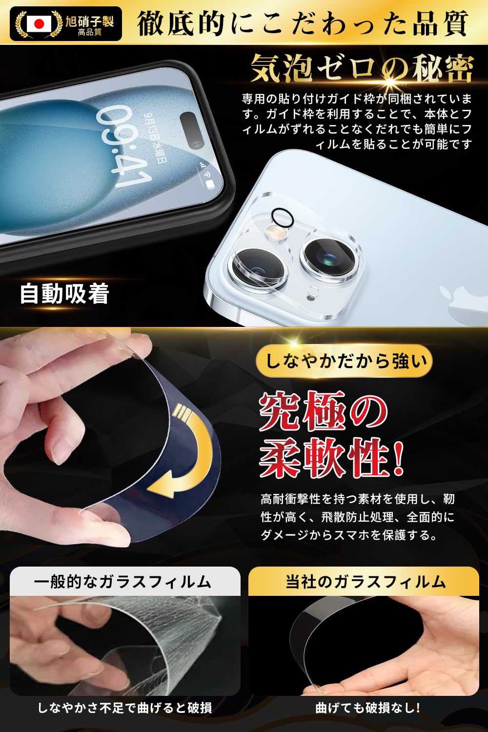 Boiyiklonn iPhone15用ガラスフィルム2枚＋カメラフィルム2枚セット
